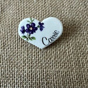 Earthy Endeavors vintage Carrie flower heart pin white purple small dainty name